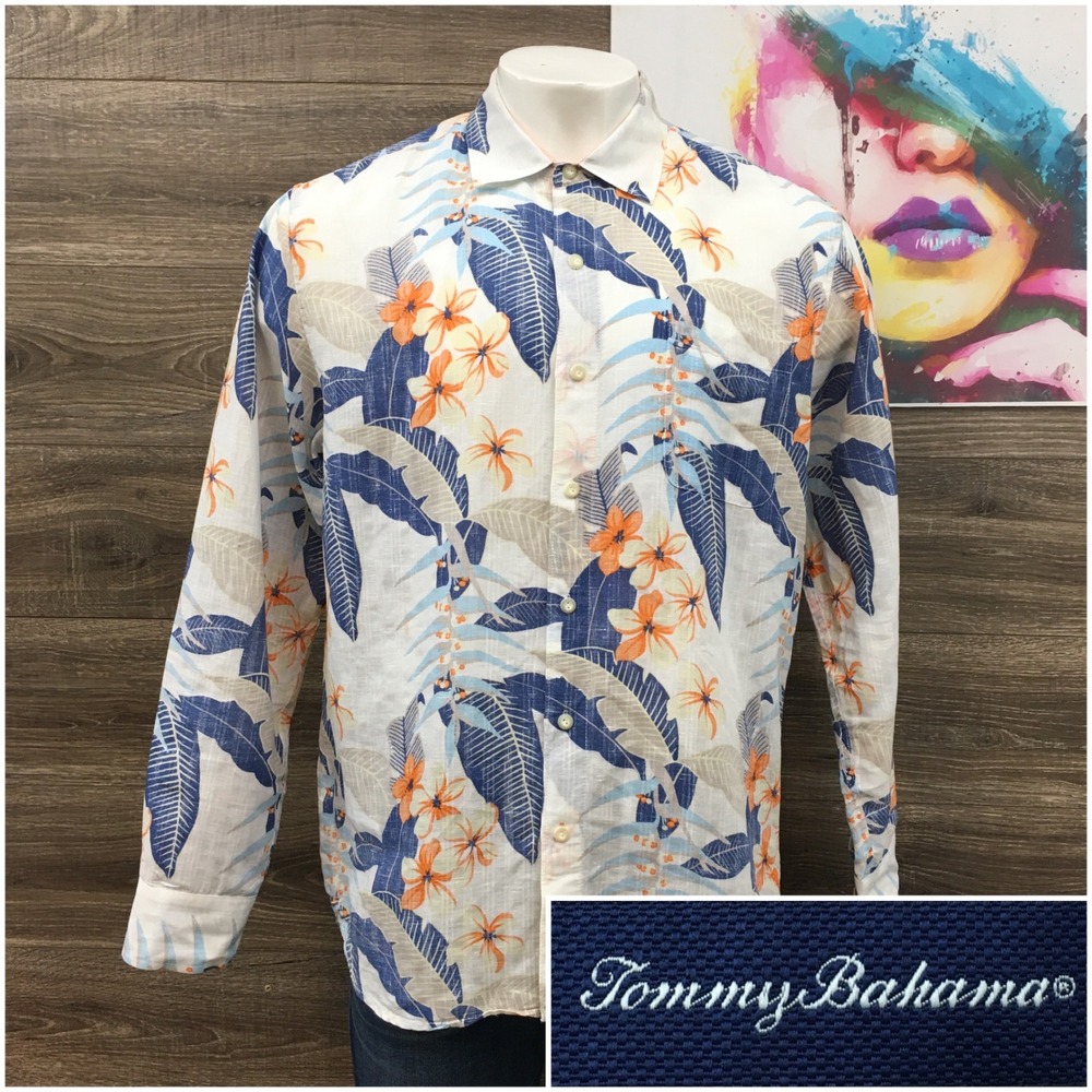 Tommy Bahama Mens XL Linen Blend Floral Tropical Palm Leaf Long Sleeve Button Up